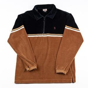 Vintage 90s Guess Jeans Velour Quarter Zip Pullover Brown Black Mens M